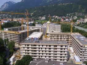 Baustelle der Passivhaussiedlung Lodenareal in Innsbruck.