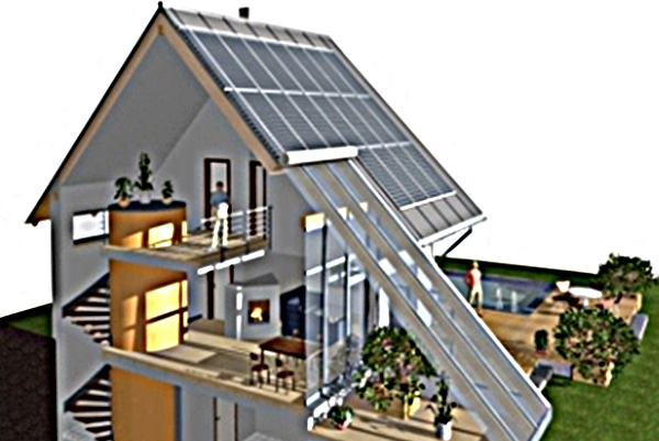3-D-Darstellung Sonnenhaus mit Solarkollektor und Speicher